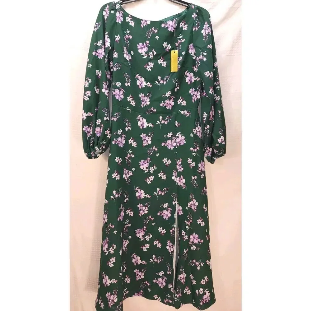 Alexia Admor Bubble Midi Dress Floral High Split Green Size 6 Long Sleeve 3476 - Picture 4 of 13